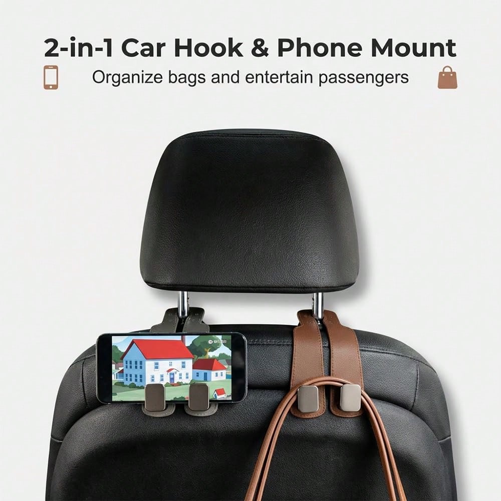 4 PCS Leather Car Headrest Hooks, Heavy Duty Double Metal Hanger Hooks For Car Seat Back, Universal Auto Interior Accessory For Purses, Grocery Bags, Umbrellas