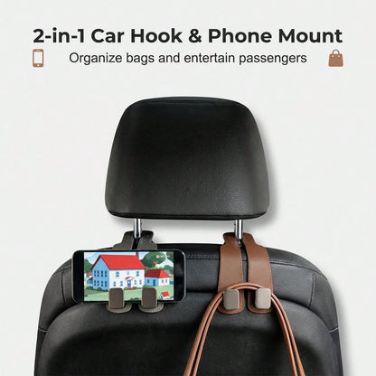 4 PCS Leather Car Headrest Hooks, Heavy Duty Double Metal Hanger Hooks For Car Seat Back, Universal Auto Interior Accessory For Purses, Grocery Bags, Umbrellas