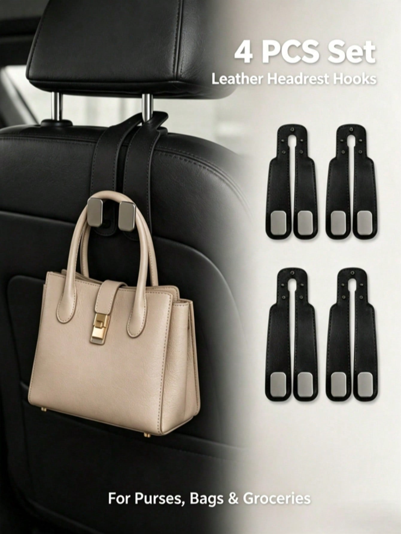 4 PCS Leather Car Headrest Hooks, Heavy Duty Double Metal Hanger Hooks For Car Seat Back, Universal Auto Interior Accessory For Purses, Grocery Bags, Umbrellas