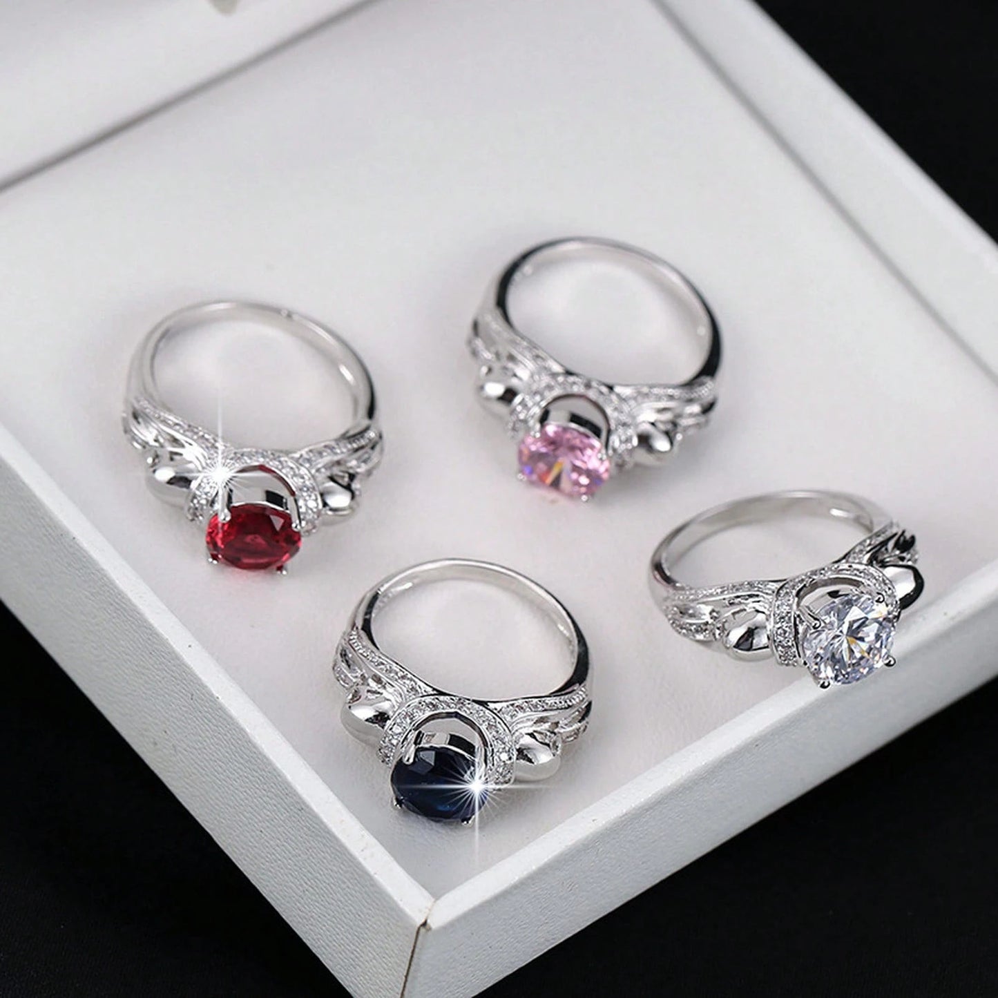 4 Prong Double Skull Round Women Ring, Multi Color Pave Band, Gothic Halloween Statement Finger Accessory Party Cosplay