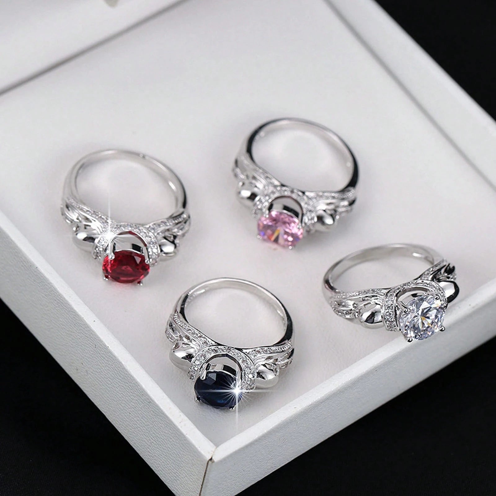 4 Prong Double Skull Round Women Ring, Multi Color Pave Band, Gothic Halloween Statement Finger Accessory Party Cosplay