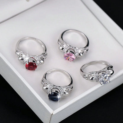 4 Prong Double Skull Round Women Ring, Multi Color Pave Band, Gothic Halloween Statement Finger Accessory Party Cosplay