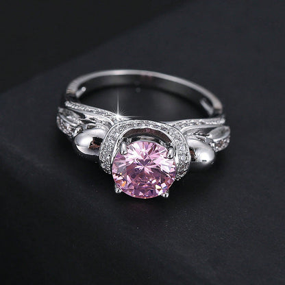4 Prong Double Skull Round Women Ring, Multi Color Pave Band, Gothic Halloween Statement Finger Accessory Party Cosplay