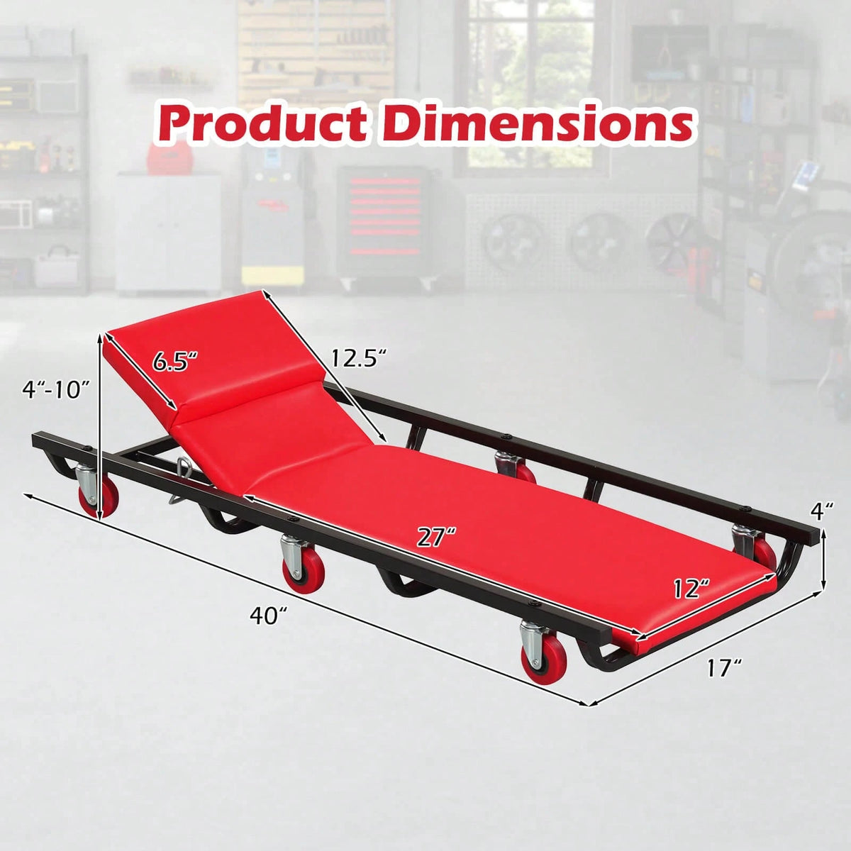 40 Inch Rolling Creeper, Padded Mechanic Cart With Adjustable Backrest & Headrest Black + Red/Black