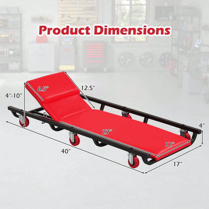 40 Inch Rolling Creeper, Padded Mechanic Cart With Adjustable Backrest & Headrest Black + Red/Black