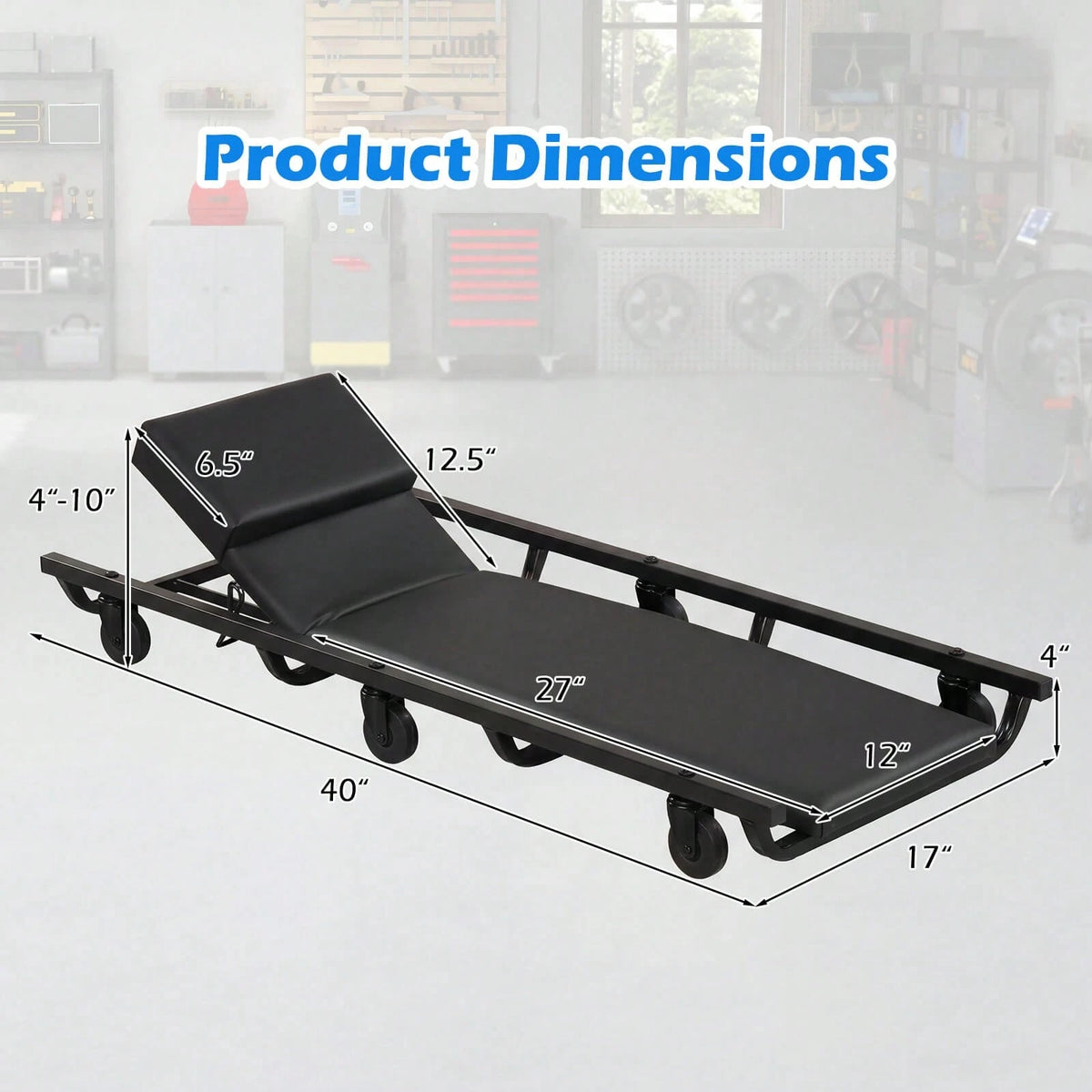 40 Inch Rolling Creeper, Padded Mechanic Cart With Adjustable Backrest & Headrest Black + Red/Black