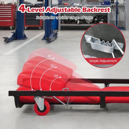 40 Inch Rolling Creeper, Padded Mechanic Cart With Adjustable Backrest & Headrest Black + Red/Black