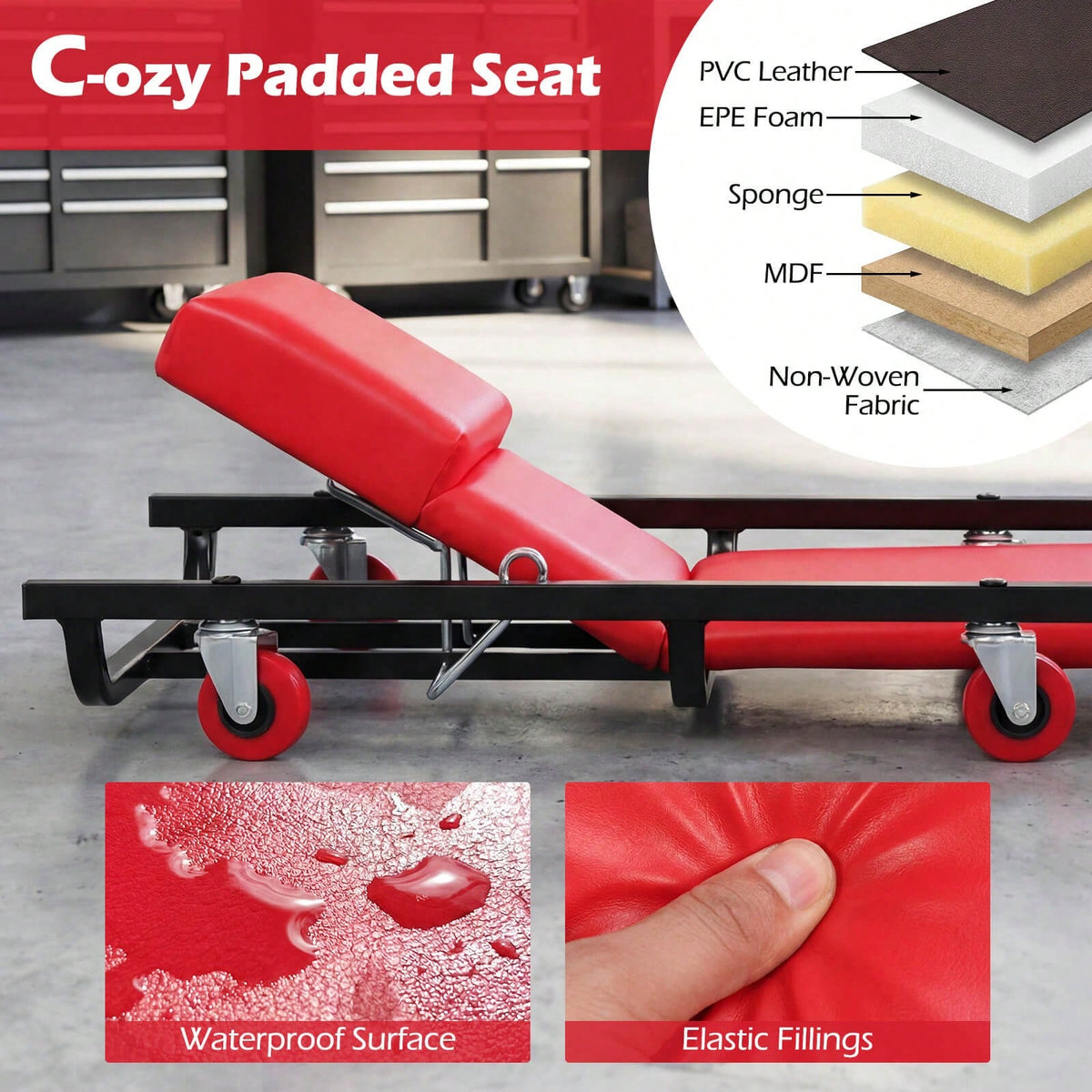 40 Inch Rolling Creeper, Padded Mechanic Cart With Adjustable Backrest & Headrest Black + Red/Black