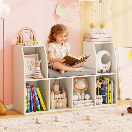 40"Kids Bookshelf With Reading Nook, 6 Storage Cubbies & Seat Cushion For Playroom