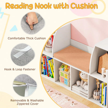 40"Kids Bookshelf With Reading Nook, 6 Storage Cubbies & Seat Cushion For Playroom