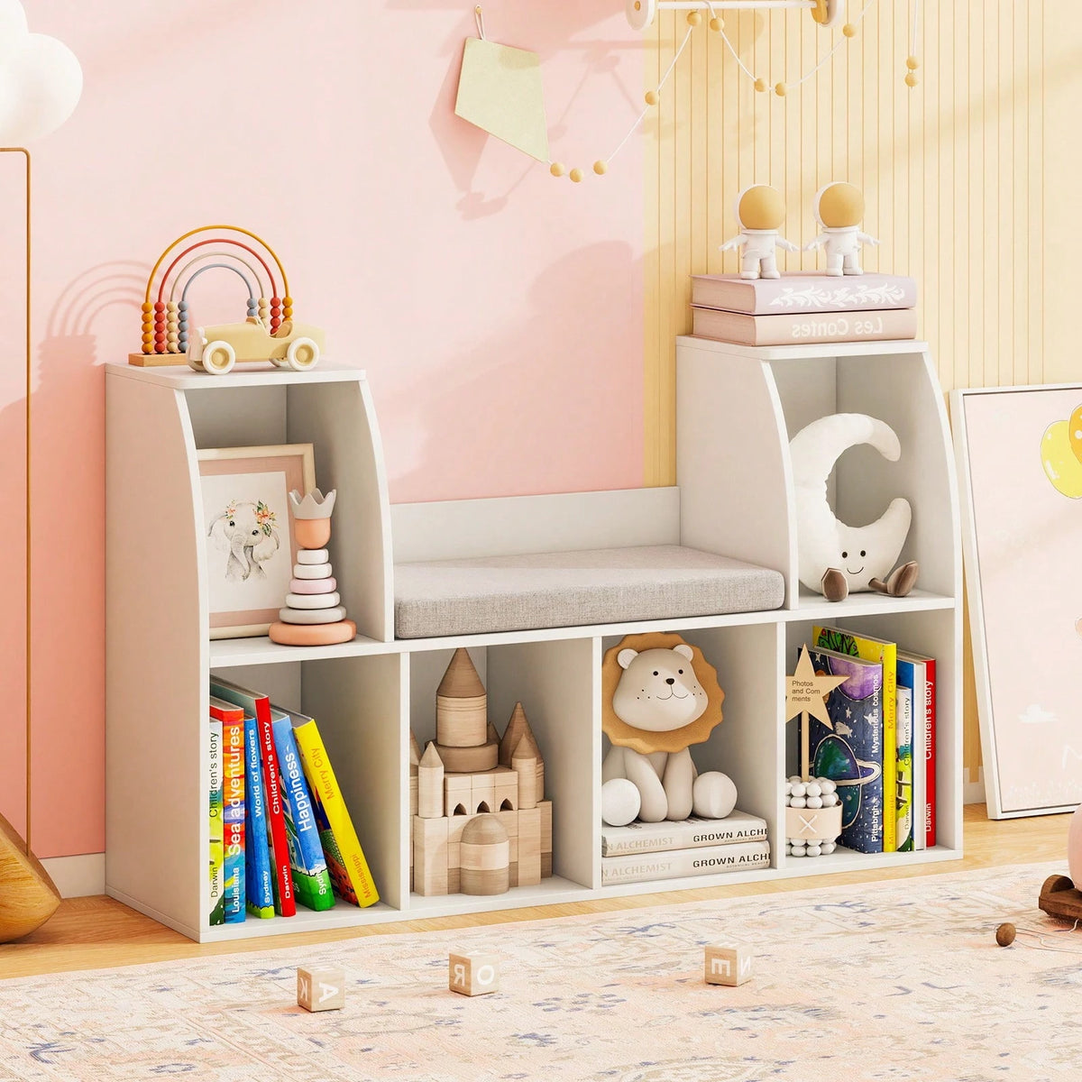 40"Kids Bookshelf With Reading Nook, 6 Storage Cubbies & Seat Cushion For Playroom