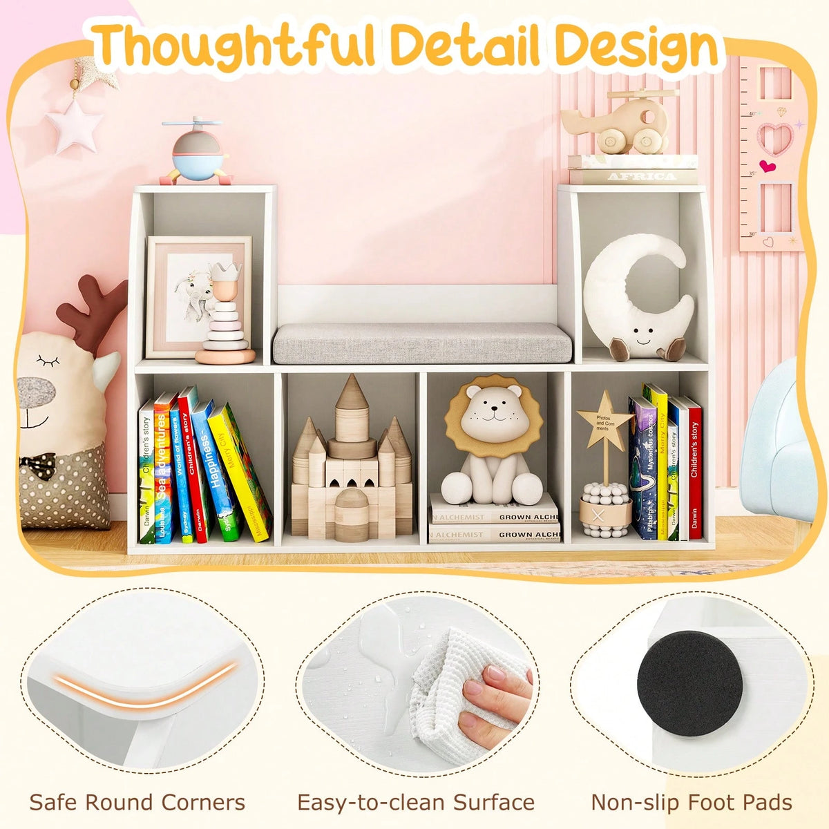 40"Kids Bookshelf With Reading Nook, 6 Storage Cubbies & Seat Cushion For Playroom