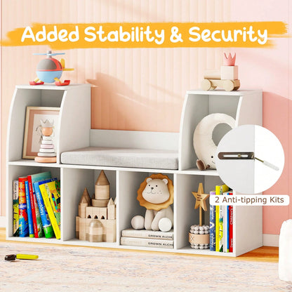 40"Kids Bookshelf With Reading Nook, 6 Storage Cubbies & Seat Cushion For Playroom