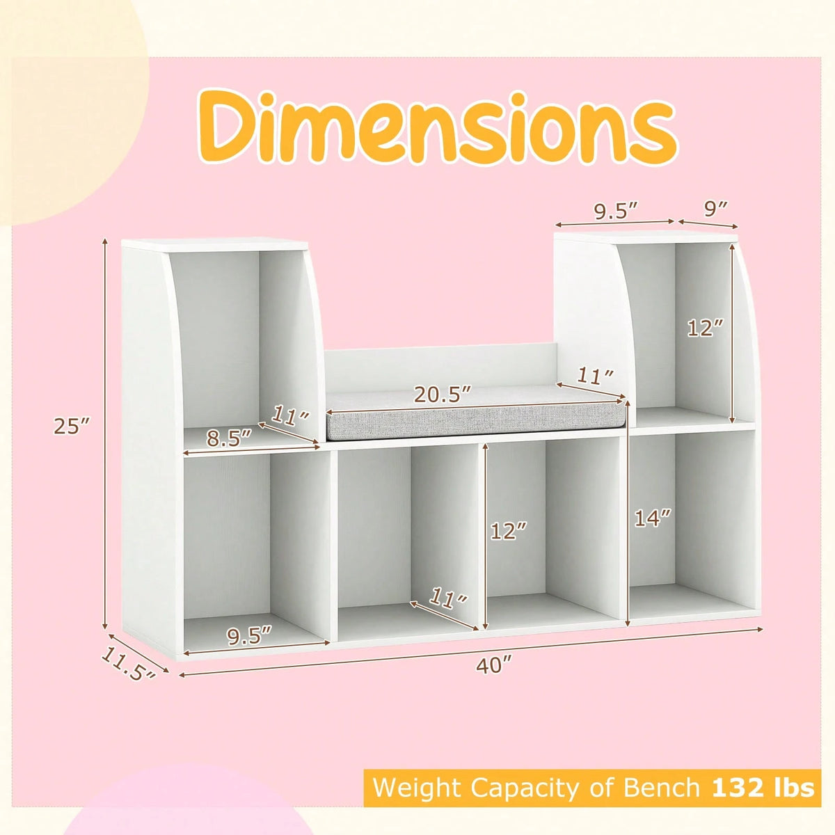 40"Kids Bookshelf With Reading Nook, 6 Storage Cubbies & Seat Cushion For Playroom