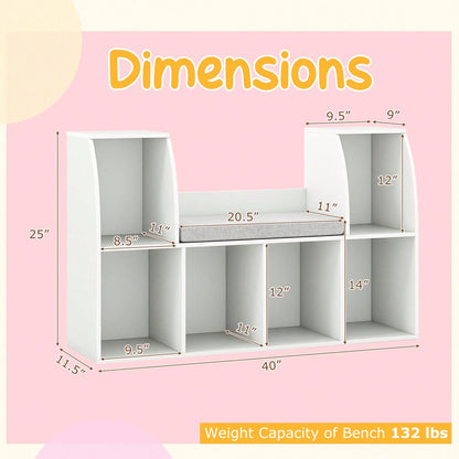 40"Kids Bookshelf With Reading Nook, 6 Storage Cubbies & Seat Cushion For Playroom