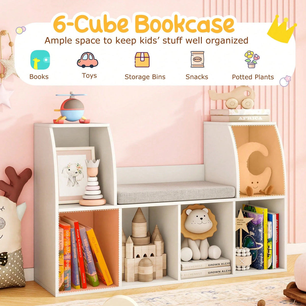 40"Kids Bookshelf With Reading Nook, 6 Storage Cubbies & Seat Cushion For Playroom