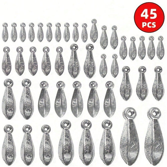 45pcs Fishing Weight Set- Assorted Hexagon And Teardrop Shaped Lead Sinkers With Rings, 1/8 Oz To 2 Oz- Ideal For Sea Fishing And Drop Shot Casting