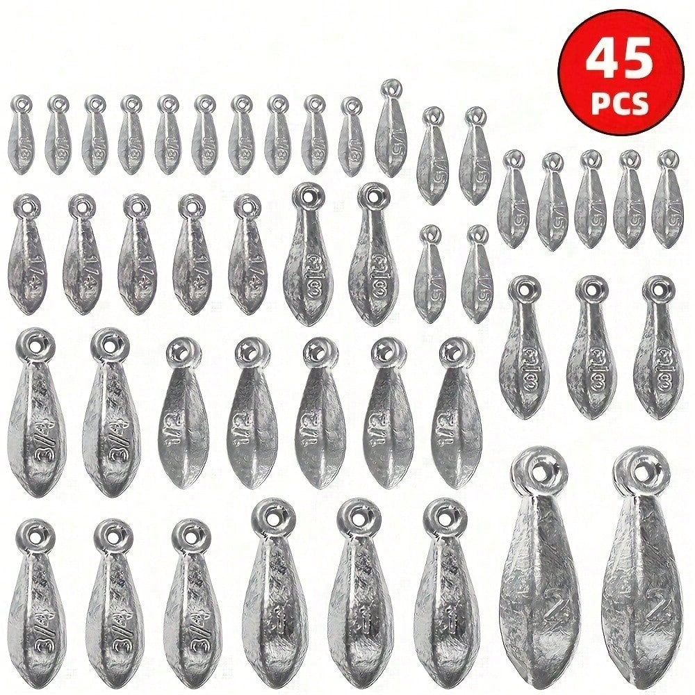 45pcs Fishing Weight Set- Assorted Hexagon And Teardrop Shaped Lead Sinkers With Rings, 1/8 Oz To 2 Oz- Ideal For Sea Fishing And Drop Shot Casting