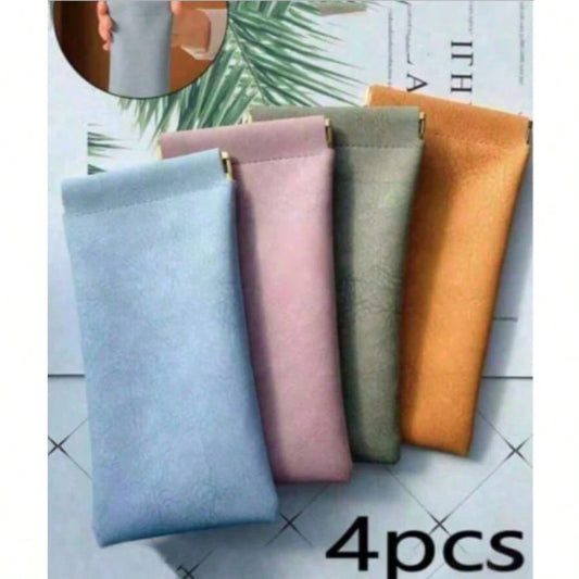4PCS/1PC Auto-Closing Sunglasses Protective Case, Korean Style Solid Color PU Leather Soft Squeeze Auto-Closing Portable Waterproof Glasses Storage Bag, Fashion Glasses Box, Waterproof Makeup Bag Glas