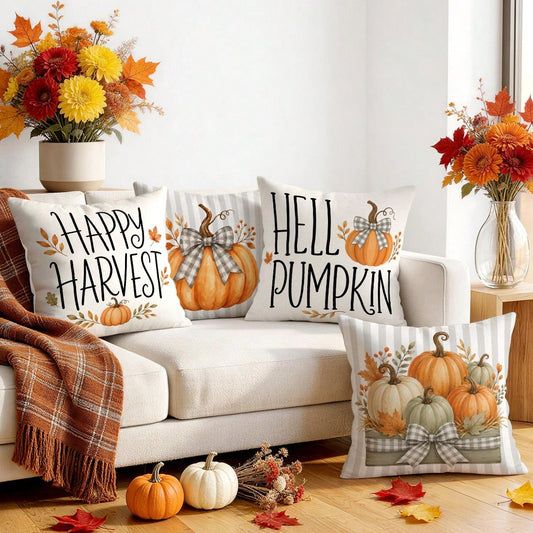 4pcs/1pc Autumn Striped Pumpkin Pillow Case Without Insert, Single-Sided Printed Pillow Case, Suitable For Living Room Bedroom Home Decor, All-Season Pillow Case