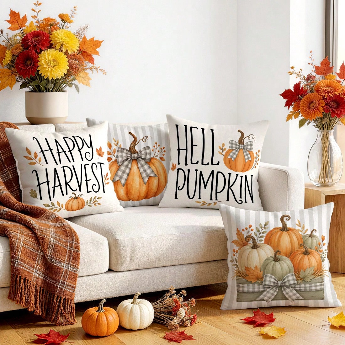 4pcs/1pc Autumn Striped Pumpkin Pillow Case Without Insert, Single-Sided Printed Pillow Case, Suitable For Living Room Bedroom Home Decor, All-Season Pillow Case