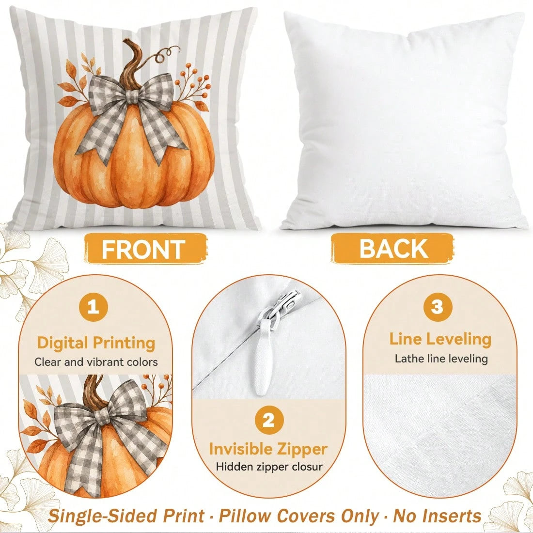 4pcs/1pc Autumn Striped Pumpkin Pillow Case Without Insert, Single-Sided Printed Pillow Case, Suitable For Living Room Bedroom Home Decor, All-Season Pillow Case