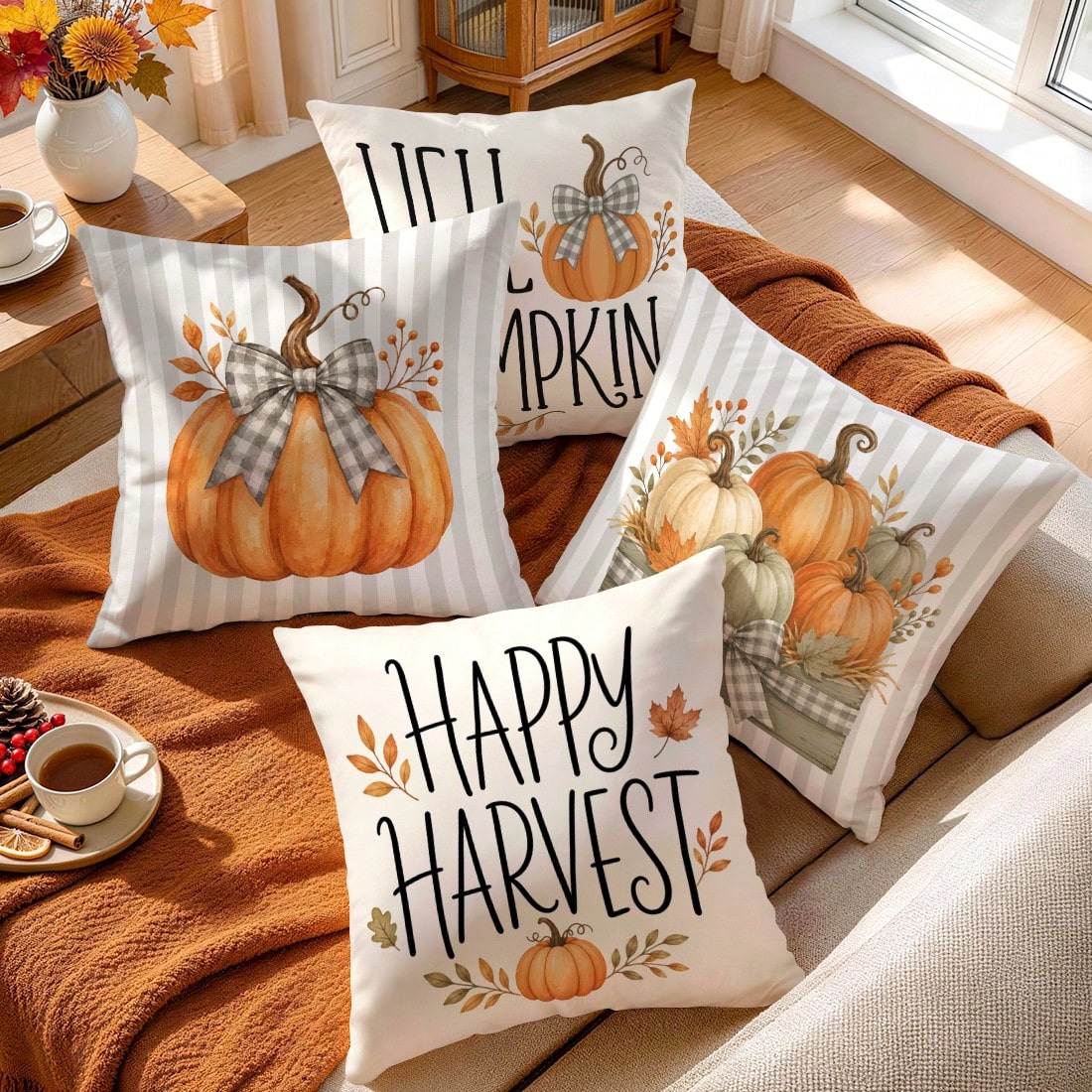 4pcs/1pc Autumn Striped Pumpkin Pillow Case Without Insert, Single-Sided Printed Pillow Case, Suitable For Living Room Bedroom Home Decor, All-Season Pillow Case