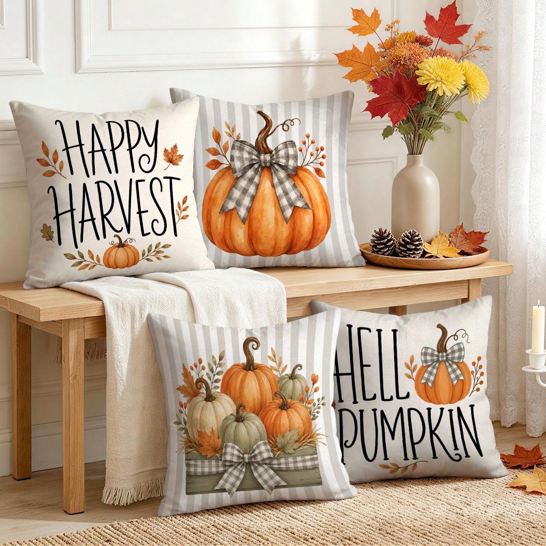 4pcs/1pc Autumn Striped Pumpkin Pillow Case Without Insert, Single-Sided Printed Pillow Case, Suitable For Living Room Bedroom Home Decor, All-Season Pillow Case