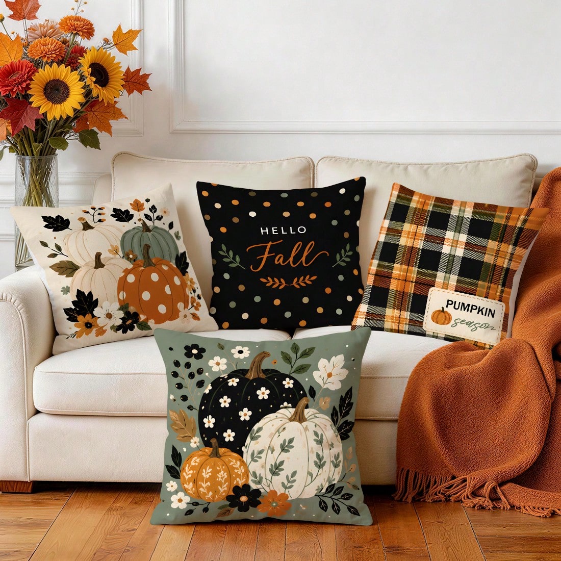 4pcs/1pc Polka Dot Plaid Colorful Pumpkin Floral Pattern Pillowcase, Single-Sided Printed Pillowcase, Suitable For Living Room Bedroom Home Decor, All Season Pillowcase