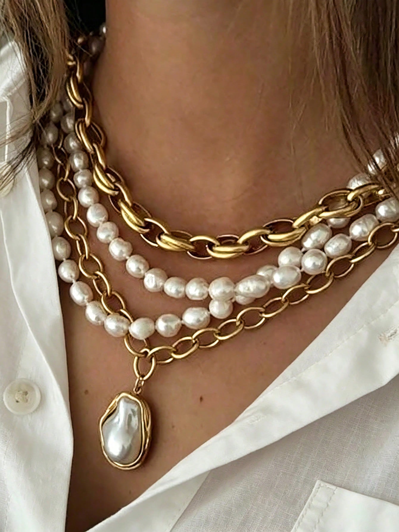 4pcs/3pcs Vintage Elegant Minimalist Bohemian Style Multi-Layer Baroque Pearl Necklace, Suitable For Daily, Party, Date, Wedding, Gift