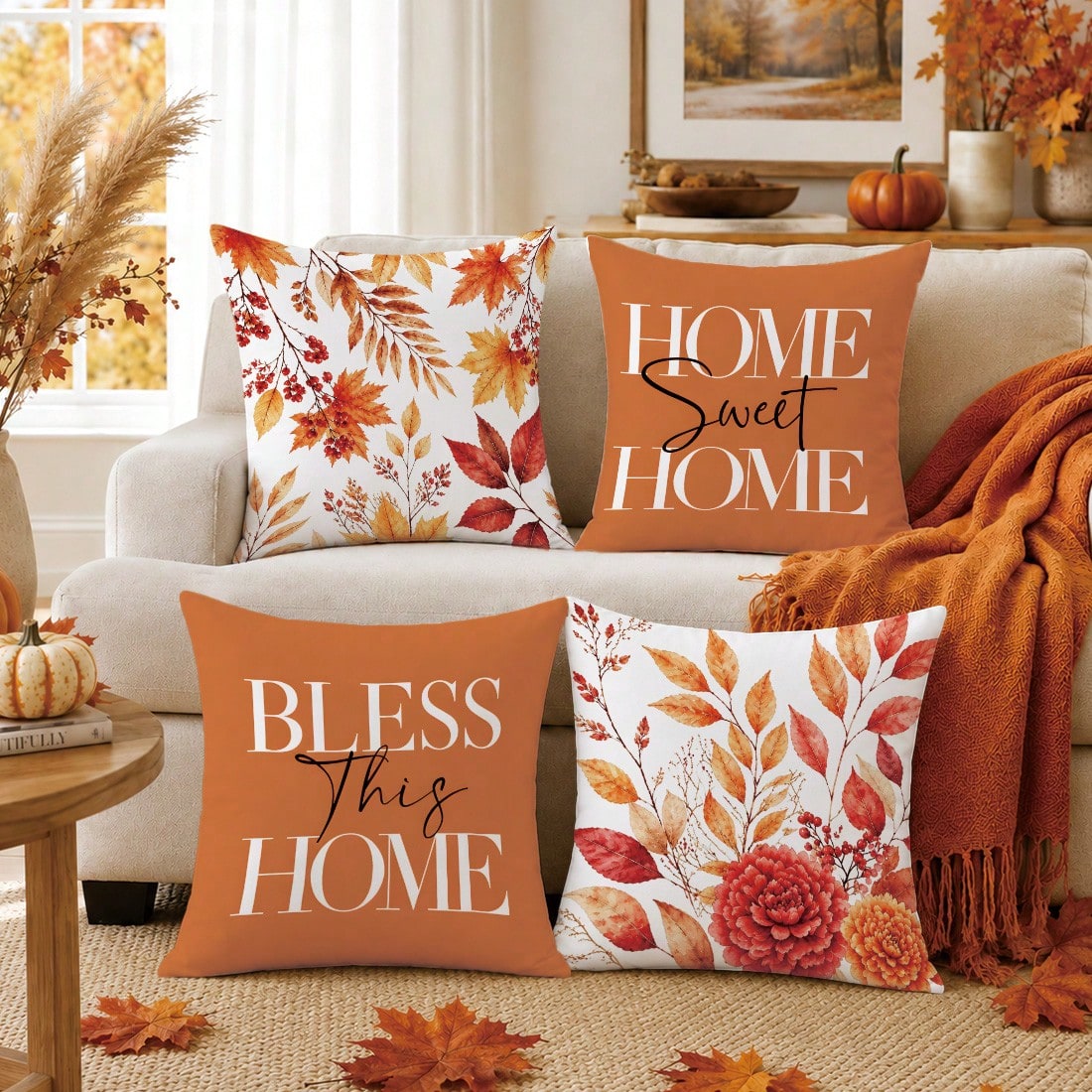 4pcs Autumn Maple Leaf & Berry Pattern Cushion Covers, Single-Sided Printed Skin-Friendly Peach Skin Velvet Material, 45*45CM Throw Pillow Covers Suitable For Room Decoration, Indoor Sofa Living Room
