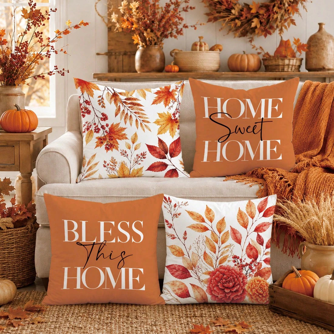 4pcs Autumn Maple Leaf & Berry Pattern Cushion Covers, Single-Sided Printed Skin-Friendly Peach Skin Velvet Material, 45*45CM Throw Pillow Covers Suitable For Room Decoration, Indoor Sofa Living Room