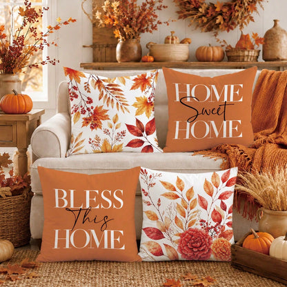 4pcs Autumn Maple Leaf & Berry Pattern Cushion Covers, Single-Sided Printed Skin-Friendly Peach Skin Velvet Material, 45*45CM Throw Pillow Covers Suitable For Room Decoration, Indoor Sofa Living Room