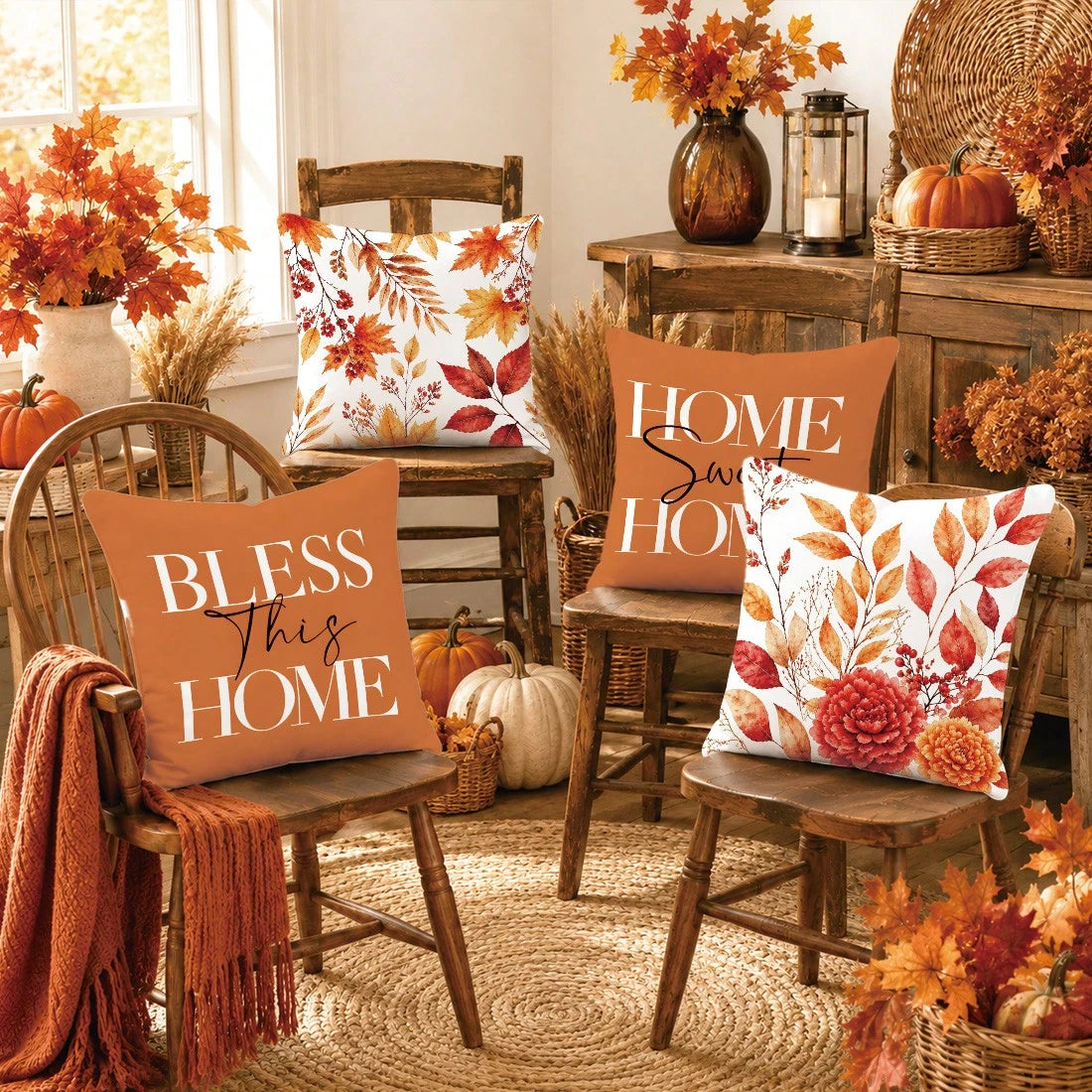 4pcs Autumn Maple Leaf & Berry Pattern Cushion Covers, Single-Sided Printed Skin-Friendly Peach Skin Velvet Material, 45*45CM Throw Pillow Covers Suitable For Room Decoration, Indoor Sofa Living Room