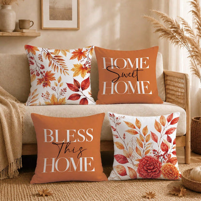4pcs Autumn Maple Leaf & Berry Pattern Cushion Covers, Single-Sided Printed Skin-Friendly Peach Skin Velvet Material, 45*45CM Throw Pillow Covers Suitable For Room Decoration, Indoor Sofa Living Room