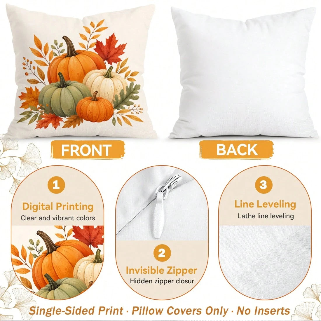 4pcs Autumn Maple Leaf Pumpkin Decorative Pattern Pillow Covers Without Inserts, Single-Sided Printed Pillow Covers, Suitable For Living Room Bedroom Home Decor, All-Season Pillow Covers