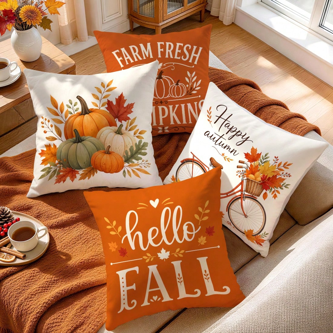 4pcs Autumn Maple Leaf Pumpkin Decorative Pattern Pillow Covers Without Inserts, Single-Sided Printed Pillow Covers, Suitable For Living Room Bedroom Home Decor, All-Season Pillow Covers