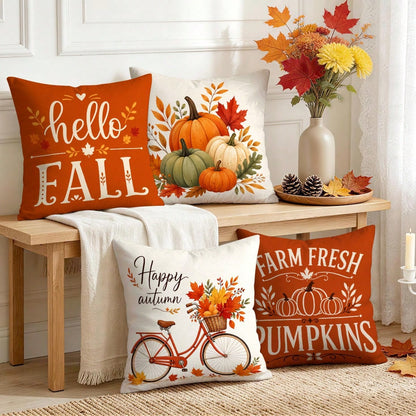 4pcs Autumn Maple Leaf Pumpkin Decorative Pattern Pillow Covers Without Inserts, Single-Sided Printed Pillow Covers, Suitable For Living Room Bedroom Home Decor, All-Season Pillow Covers