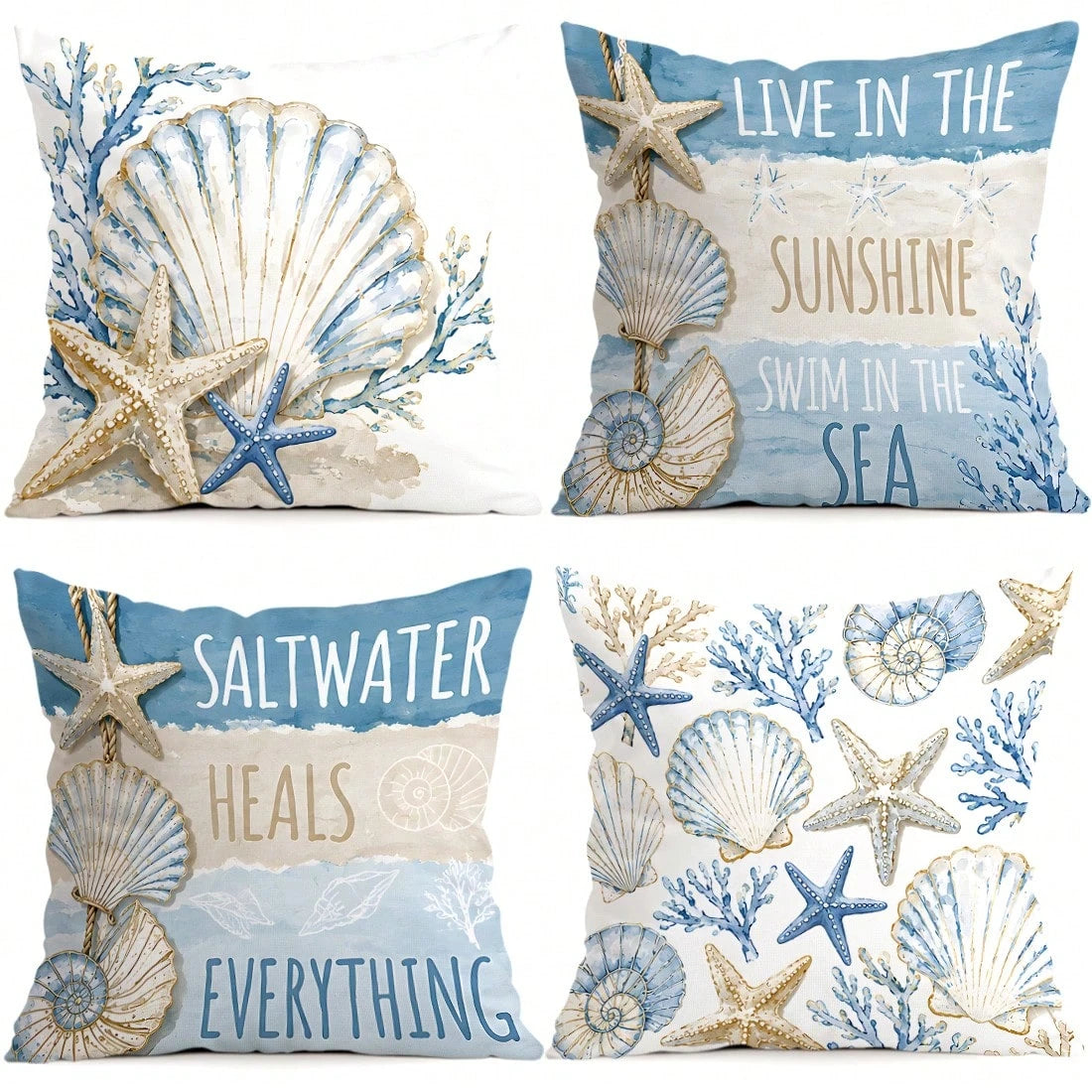 4pcs Blue & Gold Shell Text Design Pattern Pillow Covers, Single-Sided Printed Cushion Covers, Suitable For Living Room, Bedroom, Home Decor, All Seasons