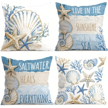 4pcs Blue & Gold Shell Text Design Pattern Pillow Covers, Single-Sided Printed Cushion Covers, Suitable For Living Room, Bedroom, Home Decor, All Seasons