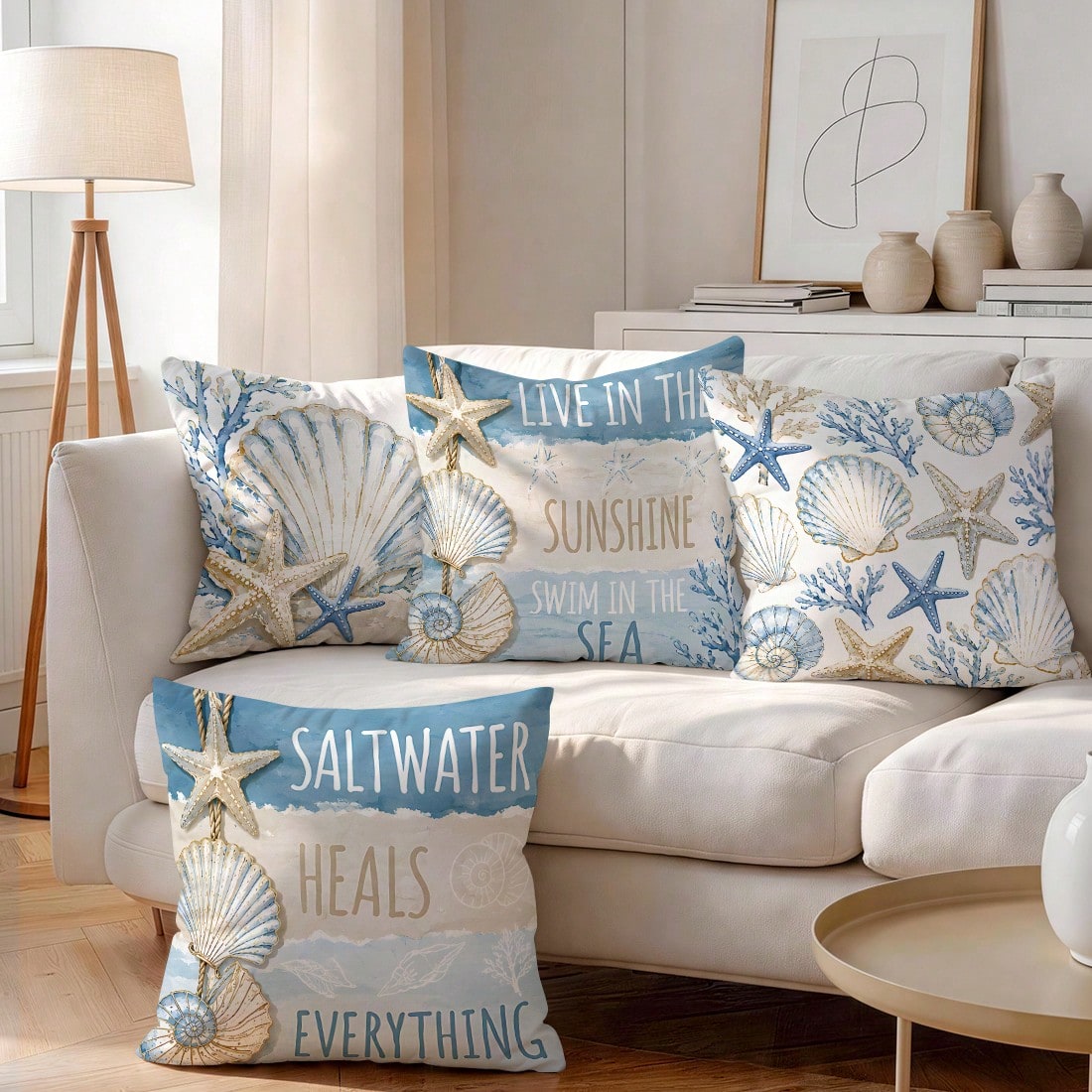 4pcs Blue & Gold Shell Text Design Pattern Pillow Covers, Single-Sided Printed Cushion Covers, Suitable For Living Room, Bedroom, Home Decor, All Seasons