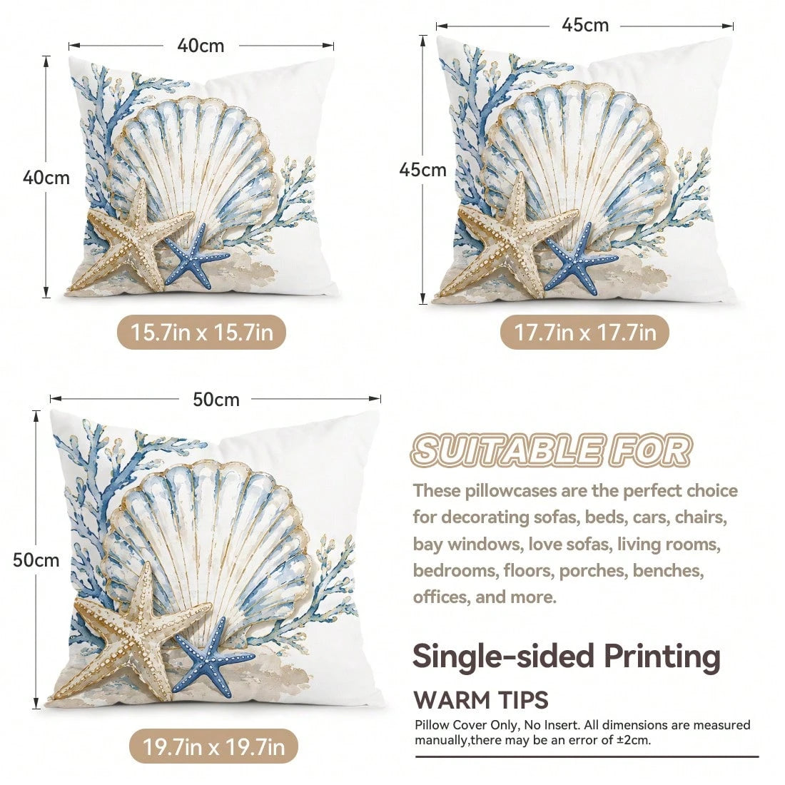4pcs Blue & Gold Shell Text Design Pattern Pillow Covers, Single-Sided Printed Cushion Covers, Suitable For Living Room, Bedroom, Home Decor, All Seasons