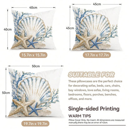 4pcs Blue & Gold Shell Text Design Pattern Pillow Covers, Single-Sided Printed Cushion Covers, Suitable For Living Room, Bedroom, Home Decor, All Seasons