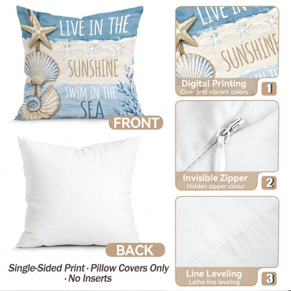 4pcs Blue & Gold Shell Text Design Pattern Pillow Covers, Single-Sided Printed Cushion Covers, Suitable For Living Room, Bedroom, Home Decor, All Seasons