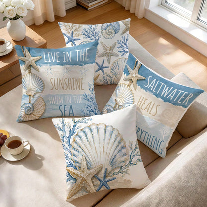 4pcs Blue & Gold Shell Text Design Pattern Pillow Covers, Single-Sided Printed Cushion Covers, Suitable For Living Room, Bedroom, Home Decor, All Seasons
