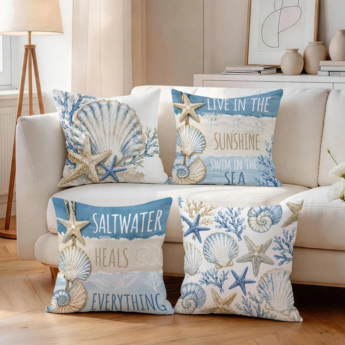 4pcs Blue & Gold Shell Text Design Pattern Pillow Covers, Single-Sided Printed Cushion Covers, Suitable For Living Room, Bedroom, Home Decor, All Seasons