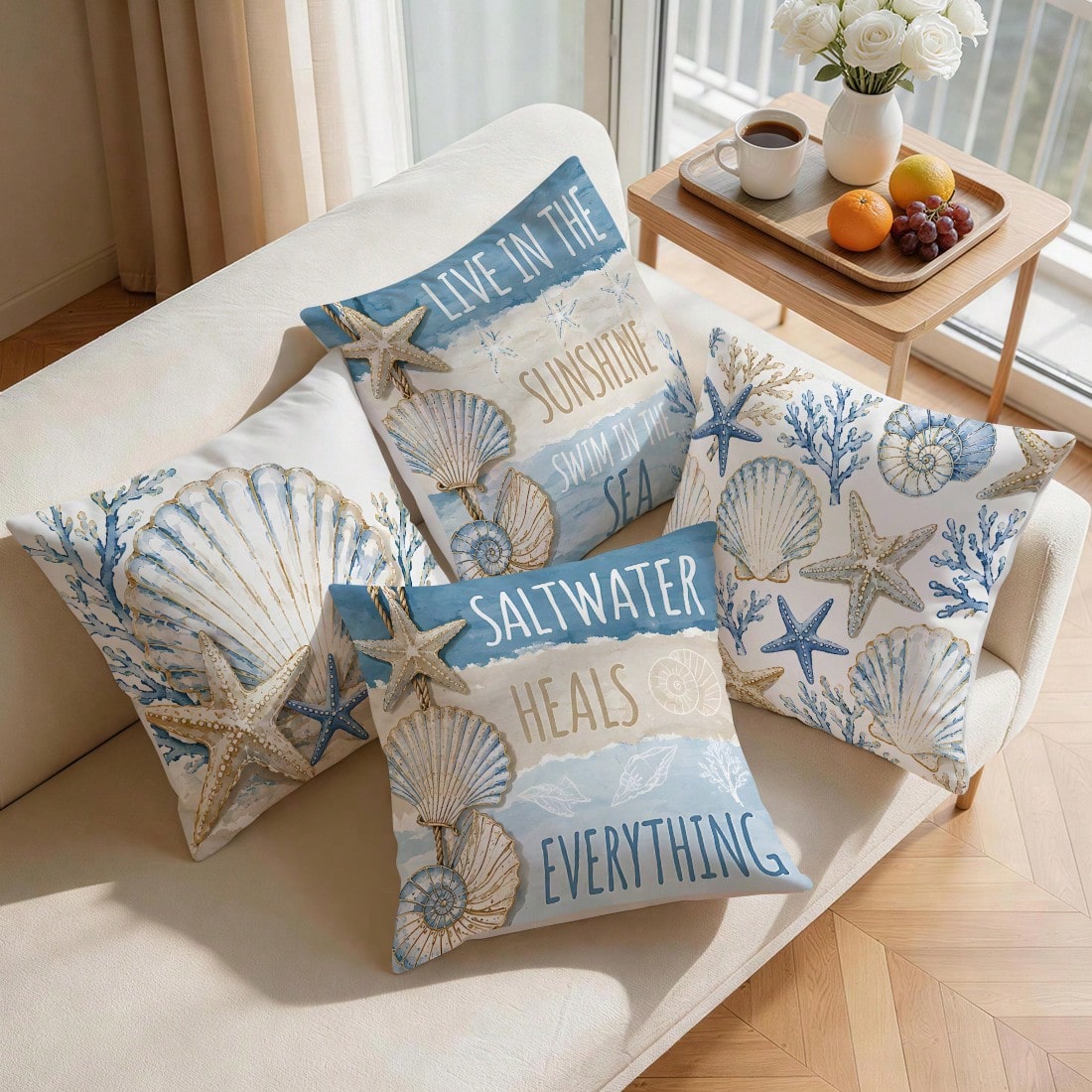 4pcs Blue & Gold Shell Text Design Pattern Pillow Covers, Single-Sided Printed Cushion Covers, Suitable For Living Room, Bedroom, Home Decor, All Seasons