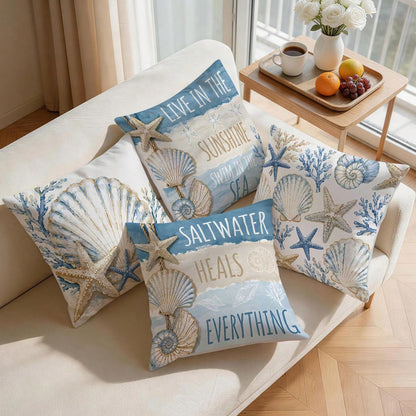 4pcs Blue & Gold Shell Text Design Pattern Pillow Covers, Single-Sided Printed Cushion Covers, Suitable For Living Room, Bedroom, Home Decor, All Seasons