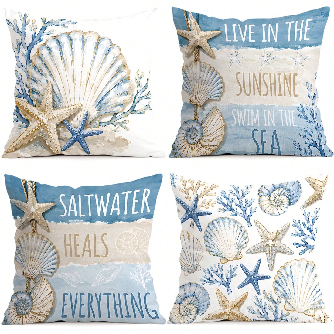 4pcs Blue & Gold Shell Text Design Pattern Pillow Covers, Single-Sided Printed Cushion Covers, Suitable For Living Room, Bedroom, Home Decor, All Seasons