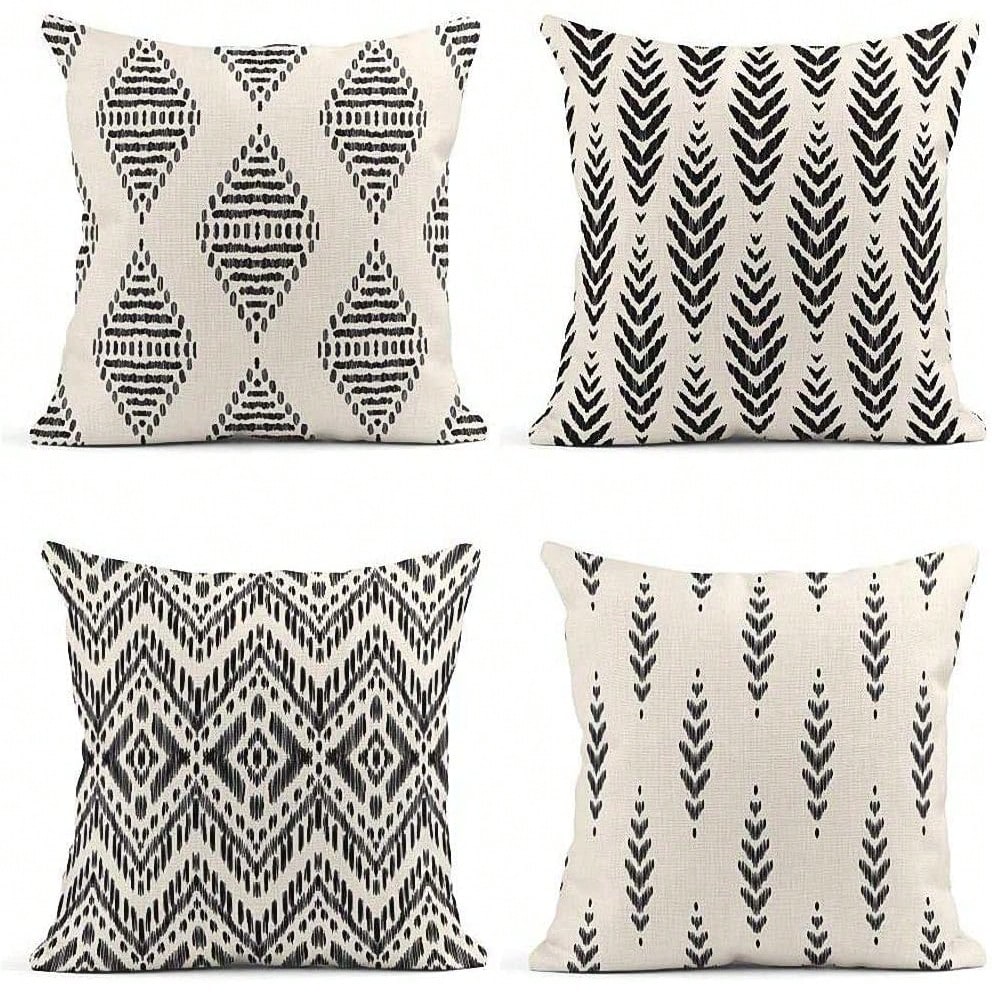 4pcs Bohemian Style Black Herringbone Pattern Creative Decorative Outdoor Throw Pillow Covers, Home Decor, Single-Sided Design, Pillow Insert Not Included
